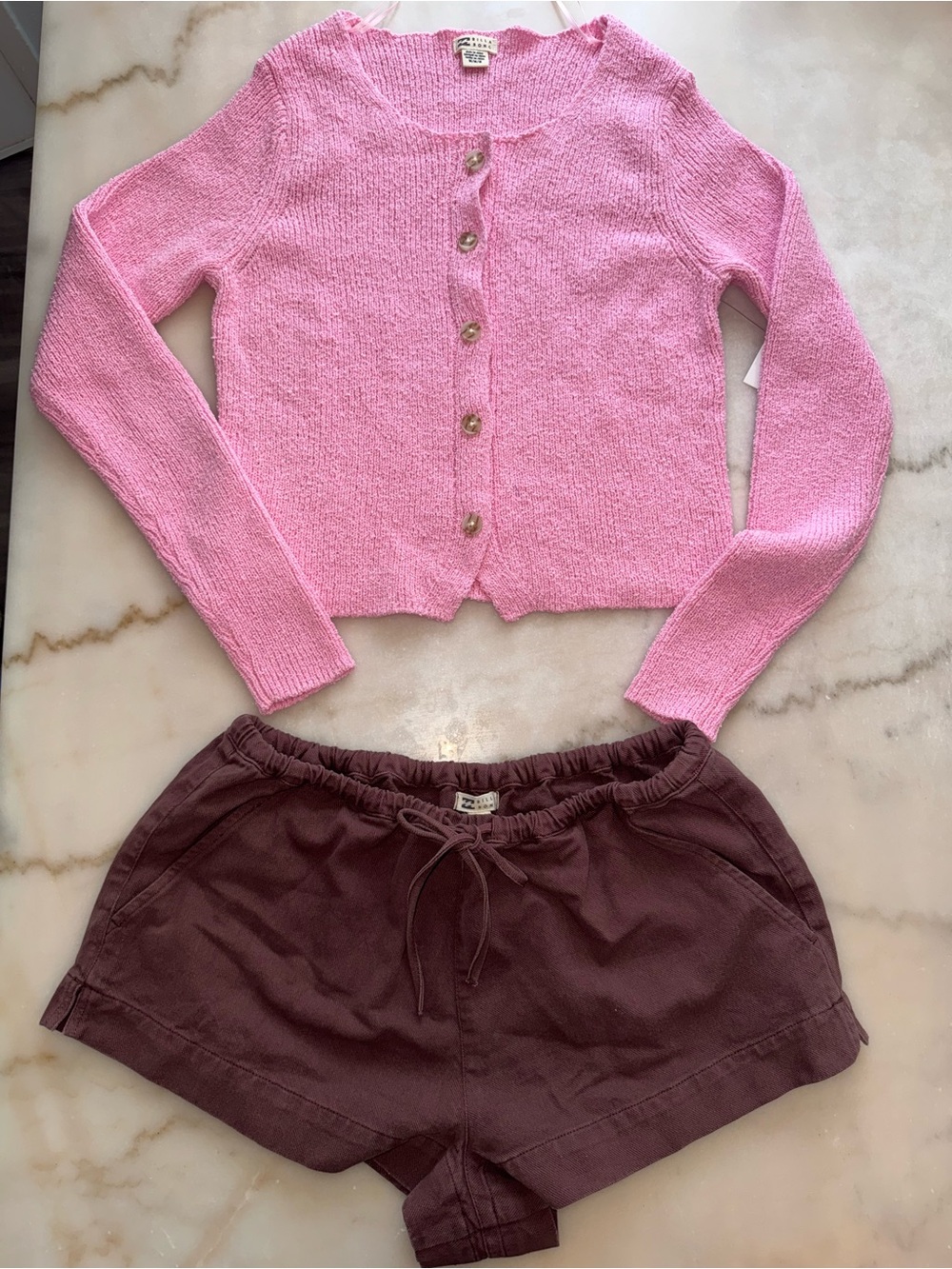 Billabong Pink Button-Front Knit Cardigan & Brown Shorts Set